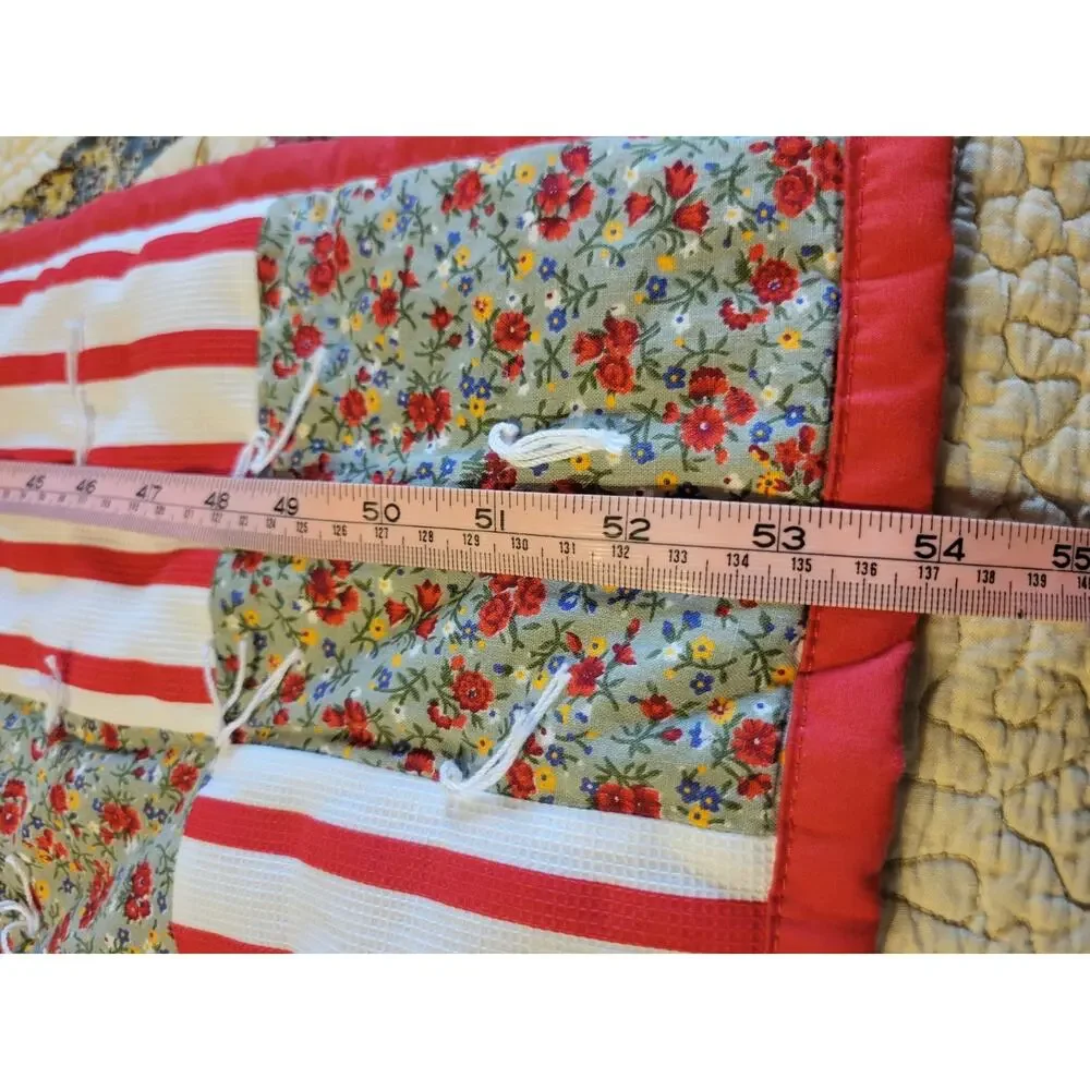 Machine Patchwork Quilt Red Stripe Floral Tied Cottage Farmhouse Throw 42x54‎ in